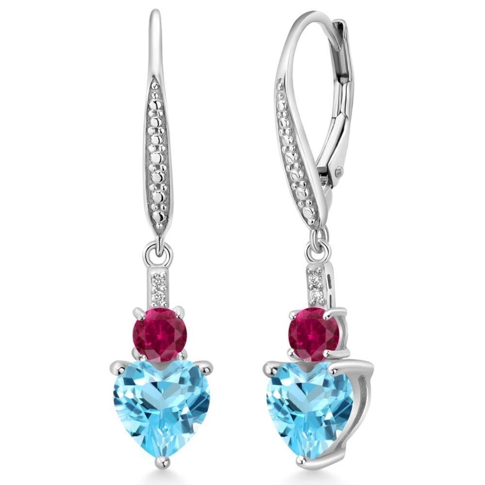 925 Sterling Silver with 3.53 Cttw Swiss Blue Topaz and Ruby Heart Drop Earrings